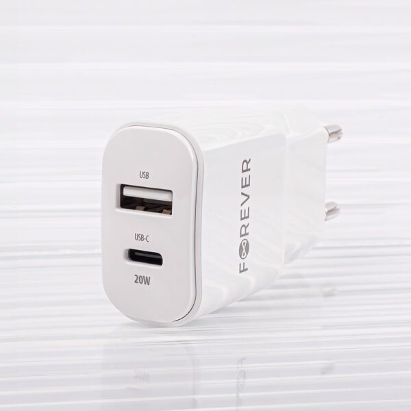 Forever TC-01-20AC PD QC charger 1x USB-C 1x USB 20W white + USB-C - Lightning cable 20W