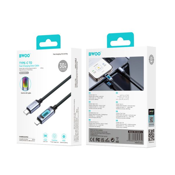 BWOO X324CL braided fast charging cable with light display PD 27W USB-C - Lightning