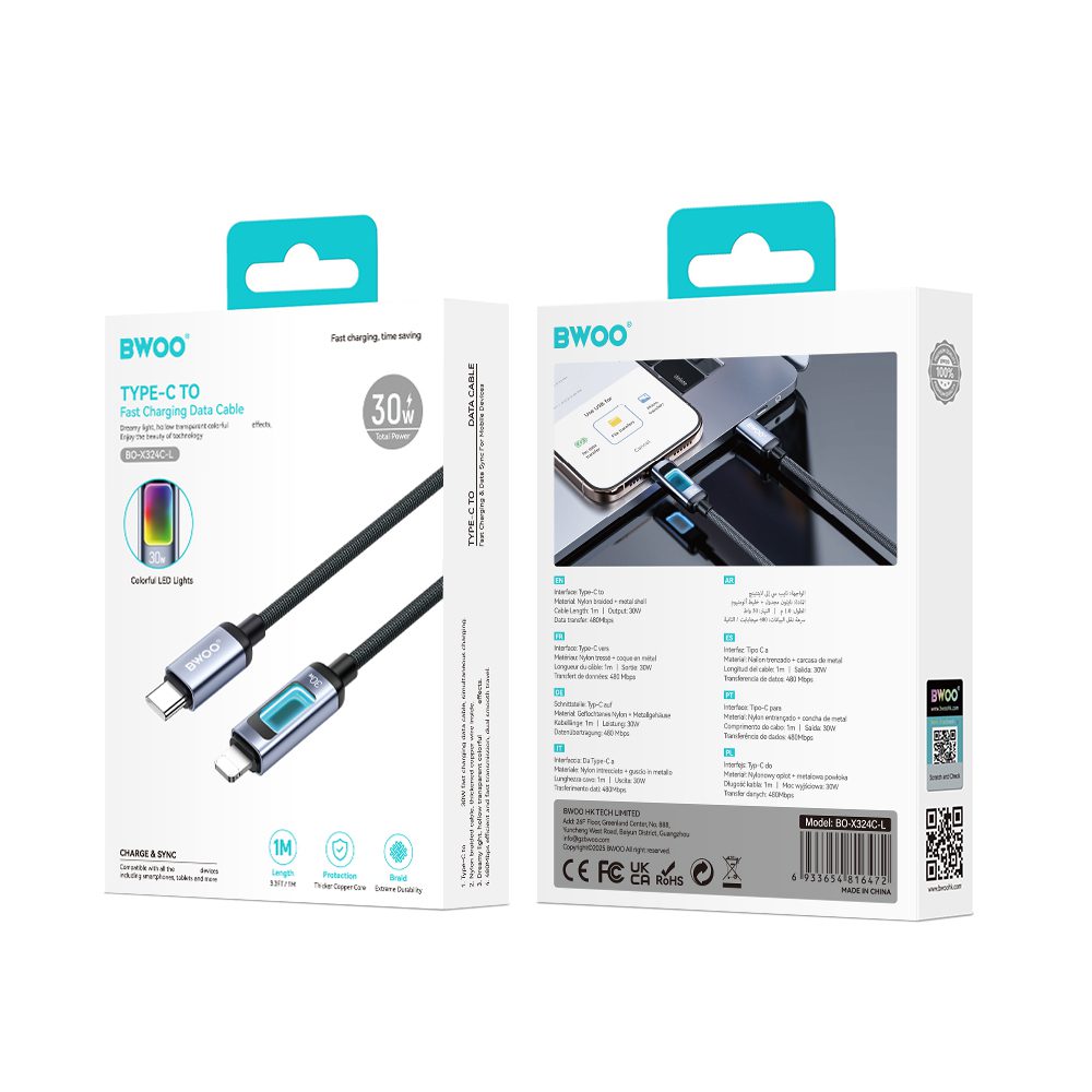 BWOO X324CL braided fast charging cable with light display PD 27W USB-C - Lightning