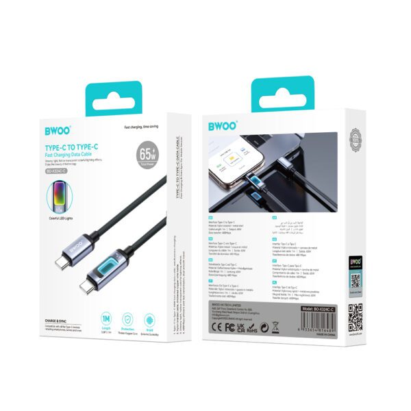 BWOO X324CC braided fast charging cable with light display PD 60W USB-C - USB-C