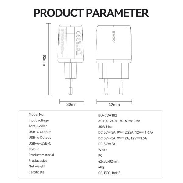 BWOO wall charger CDA182 QC 38W 1x USB-A + 1x USB-C black