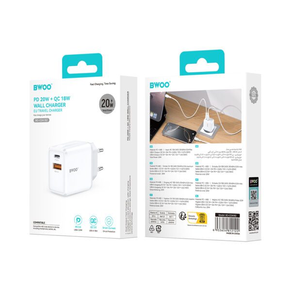 BWOO wall charger CDA182 QC 38W 1x USB-A + 1x USB-C black