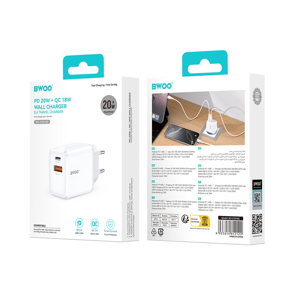 BWOO wall charger CDA182 QC 38W 1x USB-A + 1x USB-C black