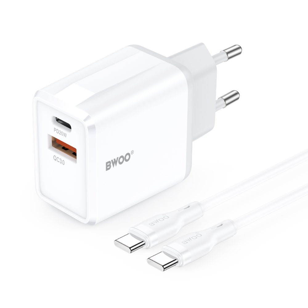 BWOO wall charger CDA182 QC 38W 1x USB-A + 1x USB-C with USB-C cable 1 m black