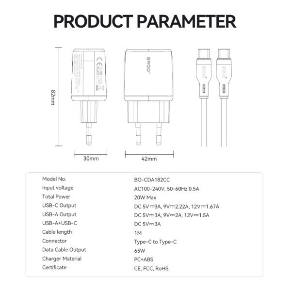BWOO wall charger CDA182 QC 38W 1x USB-A + 1x USB-C with USB-C cable 1 m black