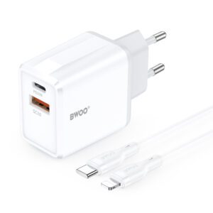 BWOO wall charger CDA182 QC 38W 1x USB-A + 1x USB-C with USB-C C-Lightning cable 1 m black