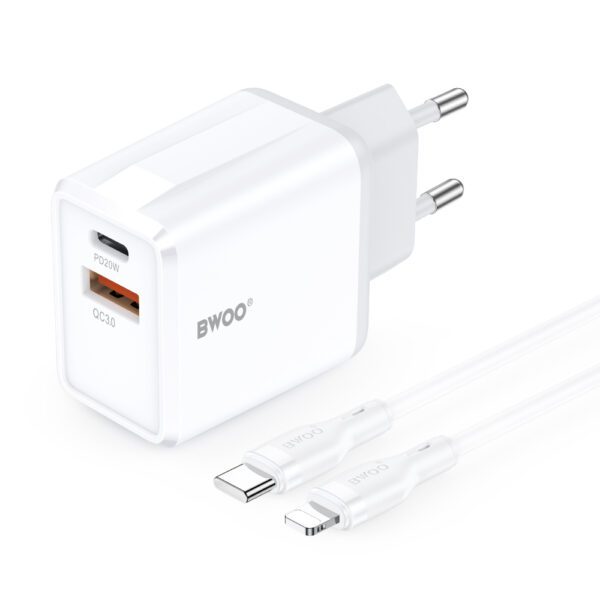 BWOO wall charger CDA182 QC 38W 1x USB-A + 1x USB-C with USB-C C-Lightning cable 1 m black