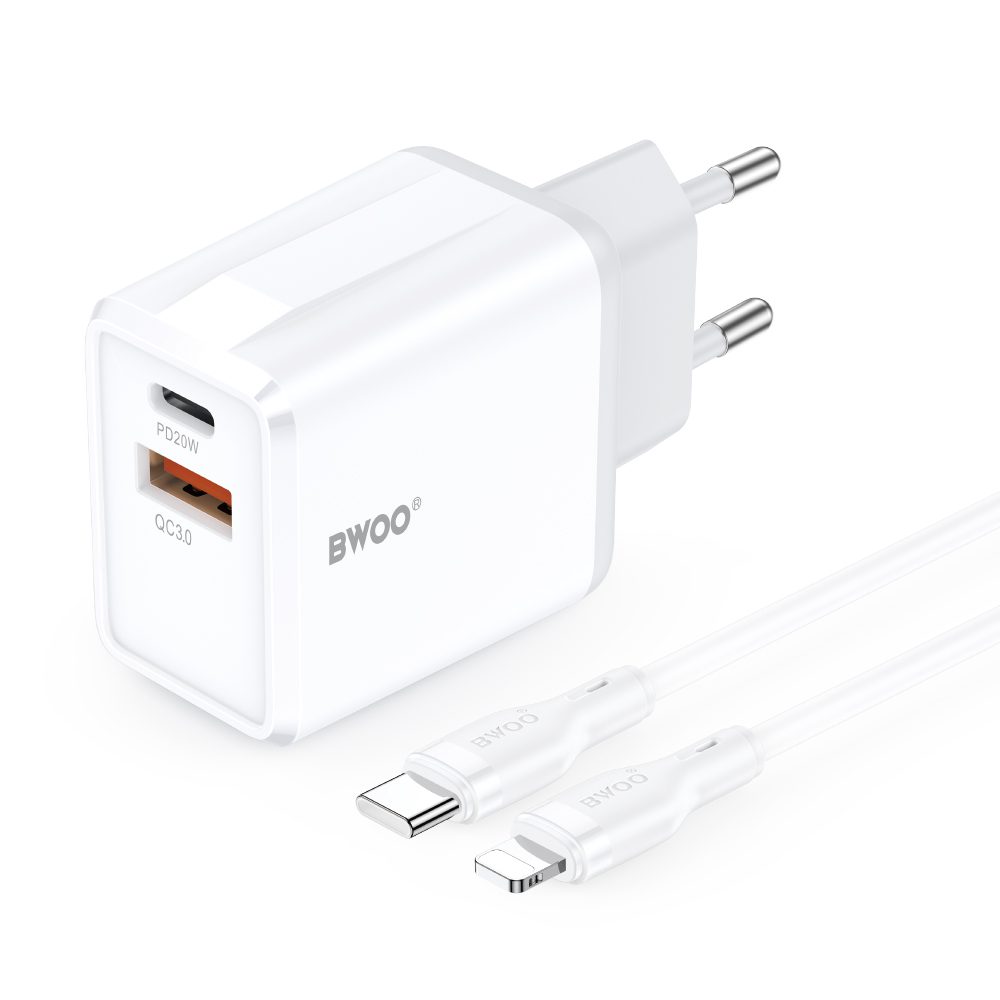 BWOO wall charger CDA182 QC 38W 1x USB-A + 1x USB-C with USB-C C-Lightning cable 1 m black