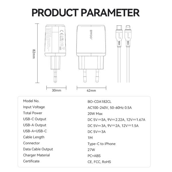BWOO wall charger CDA182 QC 38W 1x USB-A + 1x USB-C with USB-C C-Lightning cable 1 m black