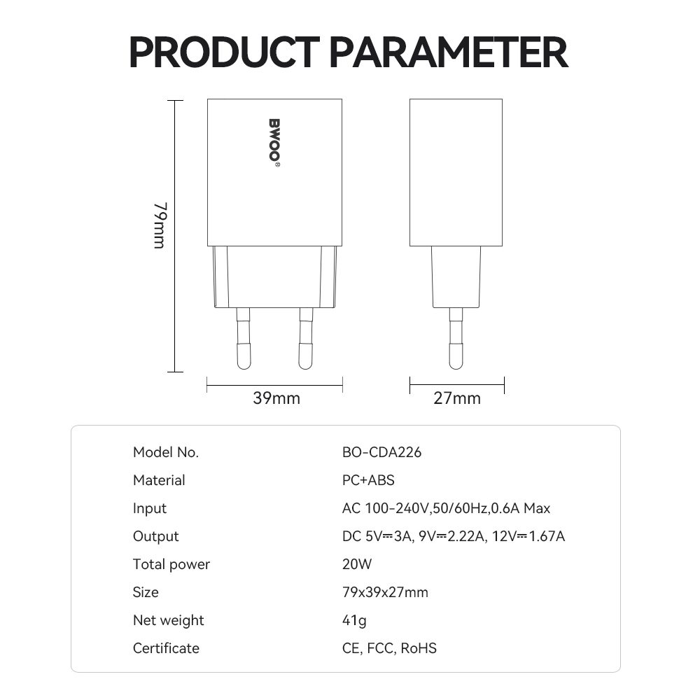 BWOO wall charger 20W CDA226 QC 1x USB-C black