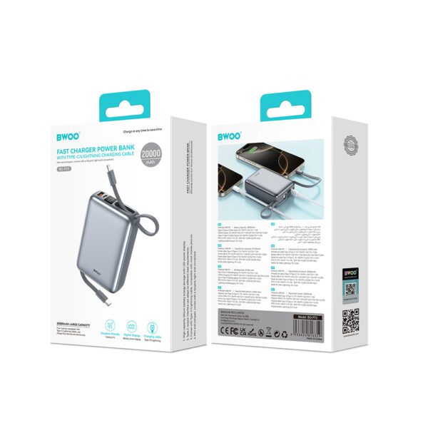 BWOO power bank P74 22.5W 20000 mAh with 2 built-in cables 1 x USB-C 1 x Lightning black