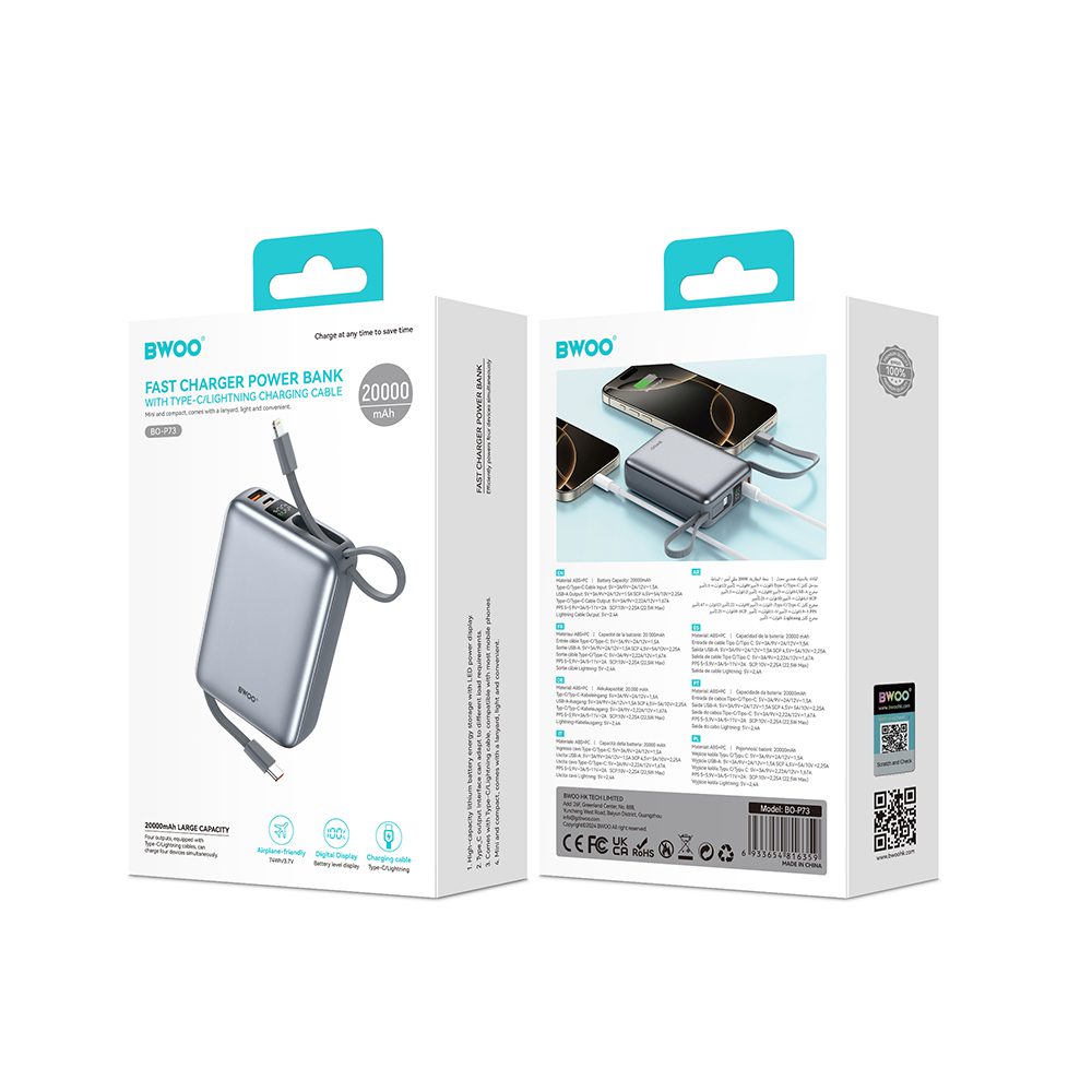 BWOO power bank P74 22.5W 20000 mAh with 2 built-in cables 1 x USB-C 1 x Lightning black