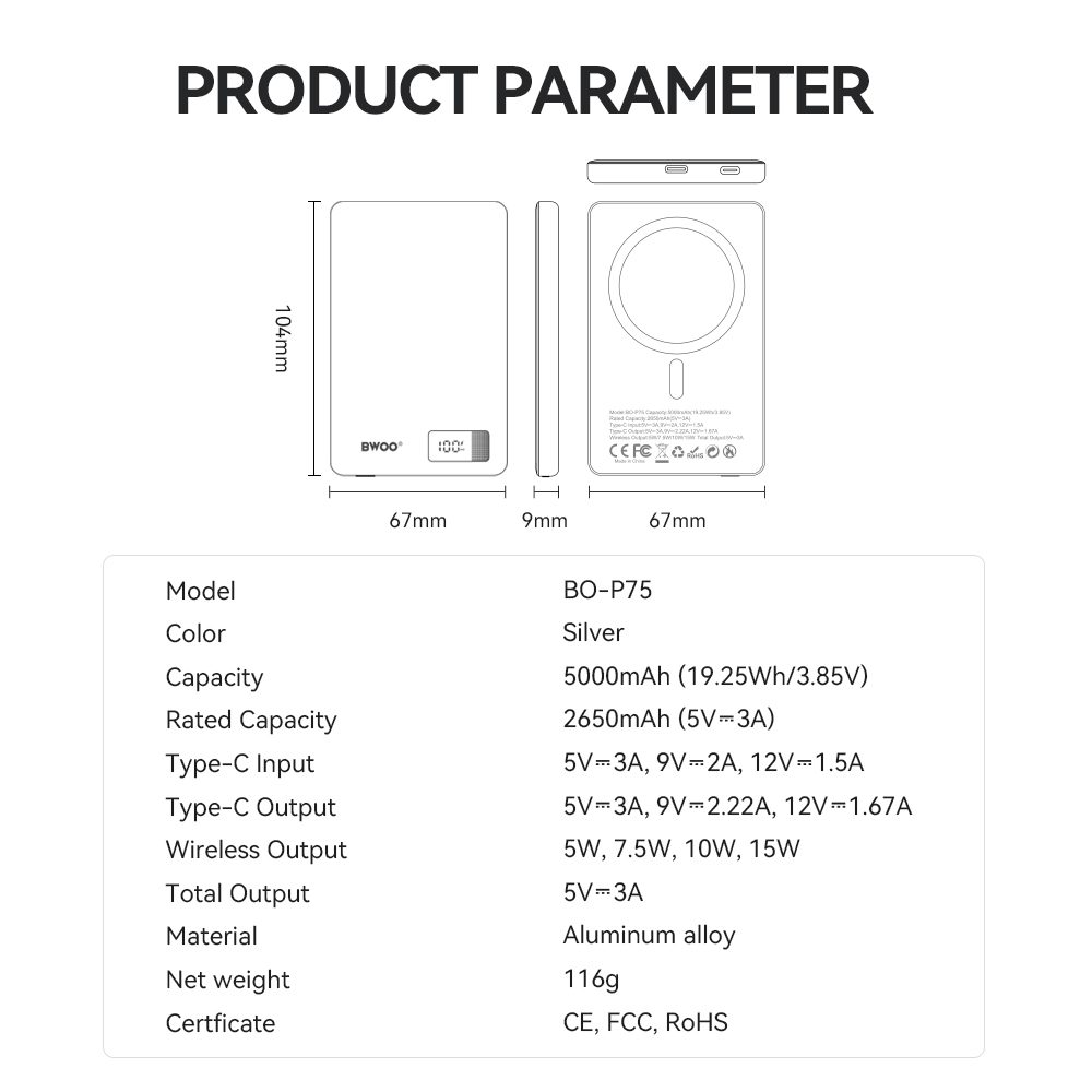 BWOO magnetic power bank P75 PD 20W 5000 mAh with digital display and USB-C port black