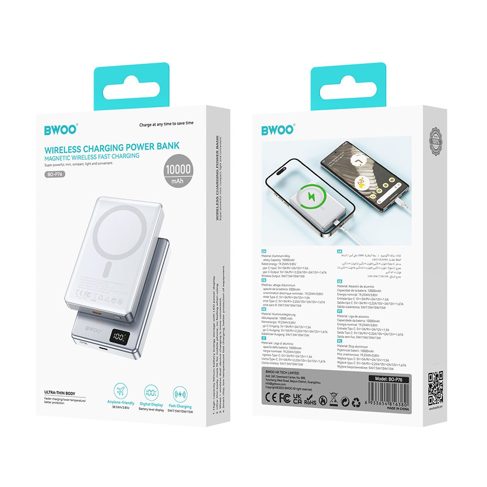 BWOO magnetic power bank P76 PD 20W 10000 mAh with digital display and USB-C port black