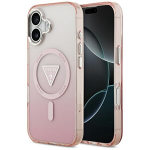 Guess Case Magsafe IML Gradient Case With Print Triangle Logo & Silver Metal Camera Buttons For iPhone 17 Pink
