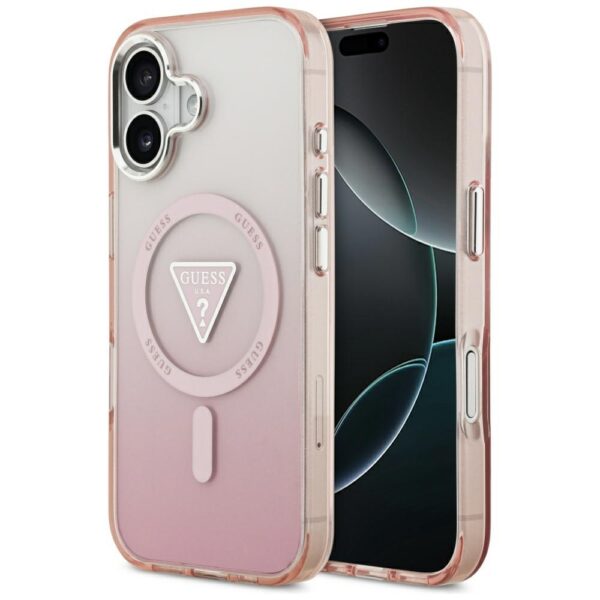 Guess Case Magsafe IML Gradient Case With Print Triangle Logo & Silver Metal Camera Buttons For iPhone 17 Pink