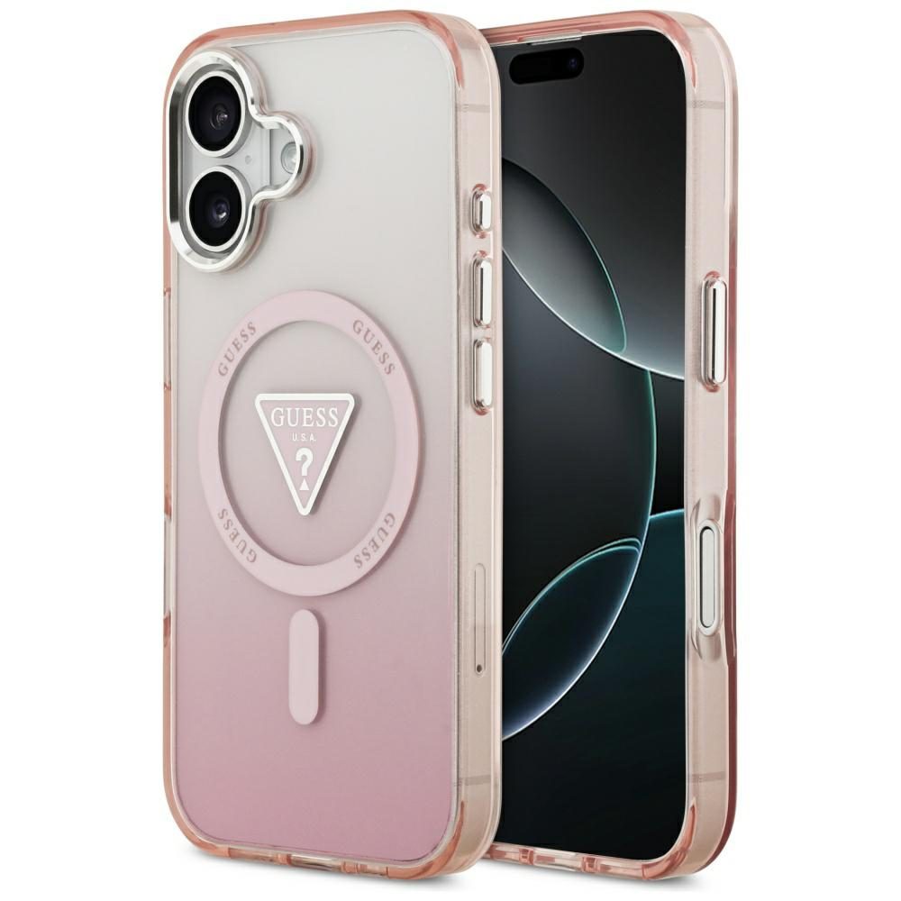 Guess Case Magsafe IML Gradient Case With Print Triangle Logo & Silver Metal Camera Buttons For iPhone 17 Pink
