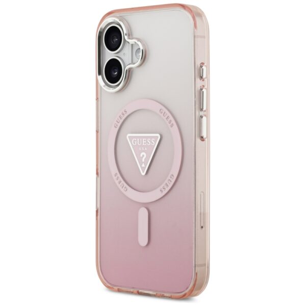 Guess Case Magsafe IML Gradient Case With Print Triangle Logo & Silver Metal Camera Buttons For iPhone 17 Pink
