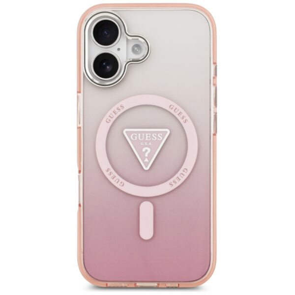 Guess Case Magsafe IML Gradient Case With Print Triangle Logo & Silver Metal Camera Buttons For iPhone 17 Pink