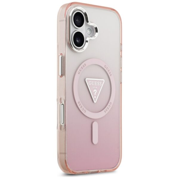 Guess Case Magsafe IML Gradient Case With Print Triangle Logo & Silver Metal Camera Buttons For iPhone 17 Pink