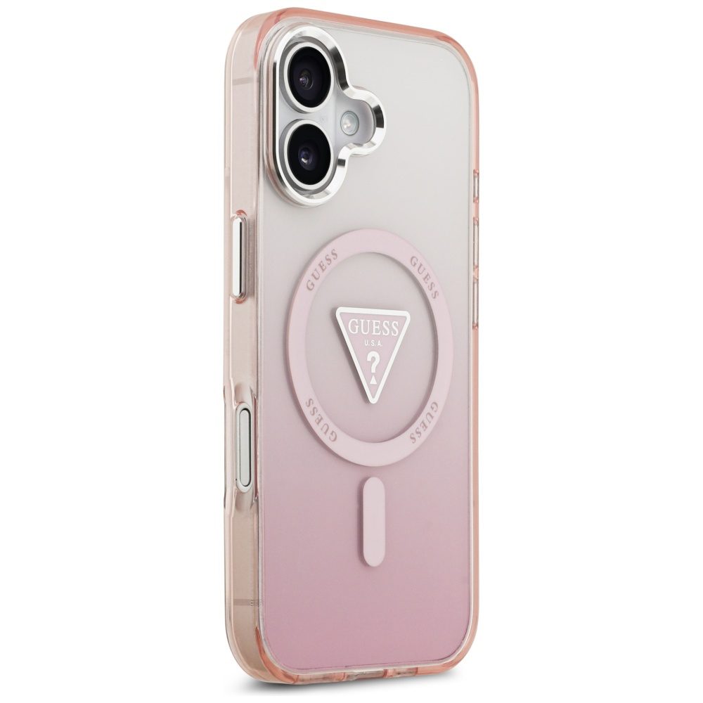 Guess Case Magsafe IML Gradient Case With Print Triangle Logo & Silver Metal Camera Buttons For iPhone 17 Pink