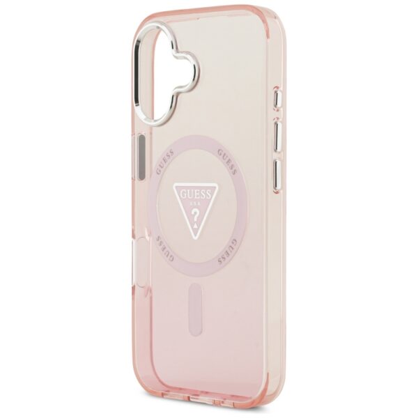 Guess Case Magsafe IML Gradient Case With Print Triangle Logo & Silver Metal Camera Buttons For iPhone 17 Pink