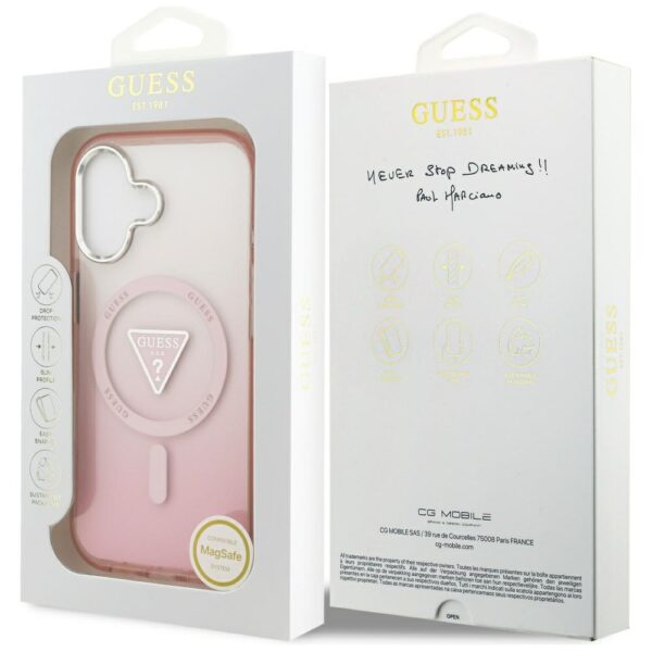 Guess Case Magsafe IML Gradient Case With Print Triangle Logo & Silver Metal Camera Buttons For iPhone 17 Pink