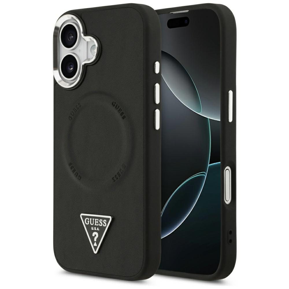 Guess Case Magsafe PU Leather Case With Triangle Logo Silver Metal Camera Frame For iPhone 17 Black