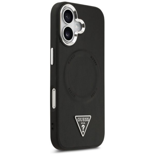 Guess Case Magsafe PU Leather Case With Triangle Logo Silver Metal Camera Frame For iPhone 17 Black