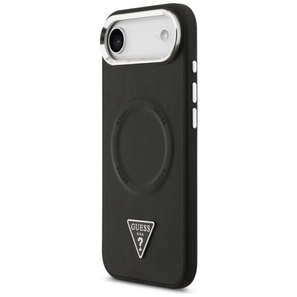 Guess Case Magsafe PU Leather Case With Triangle Logo Silver Metal Camera Frame For iPhone 17 Air Black