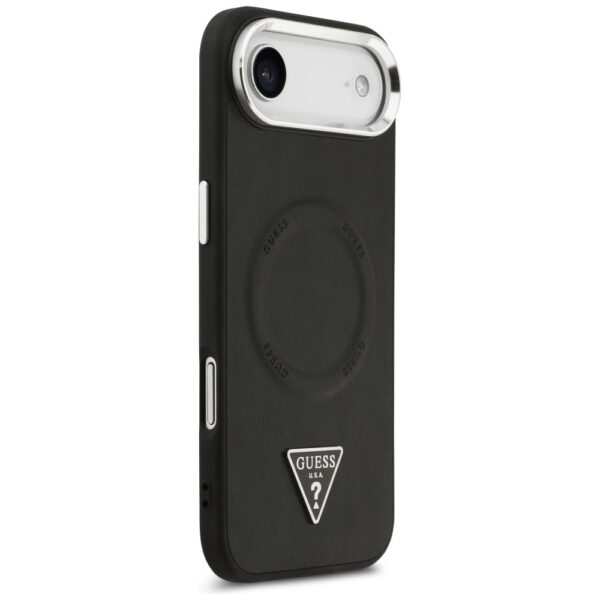 Guess Case Magsafe PU Leather Case With Triangle Logo Silver Metal Camera Frame For iPhone 17 Air Black