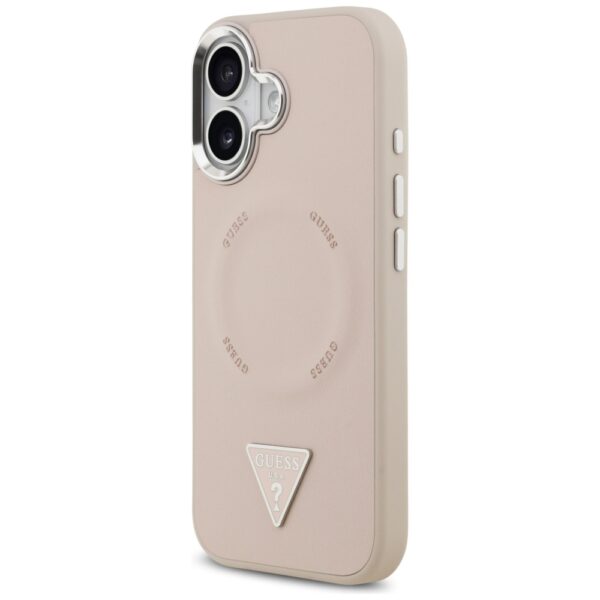 Guess Case Magsafe PU Leather Case With Triangle Logo Silver Metal Camera Frame For iPhone 17 Pink