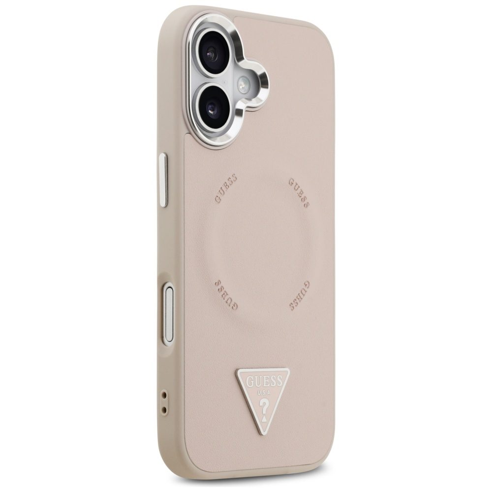 Guess Case Magsafe PU Leather Case With Triangle Logo Silver Metal Camera Frame For iPhone 17 Pink