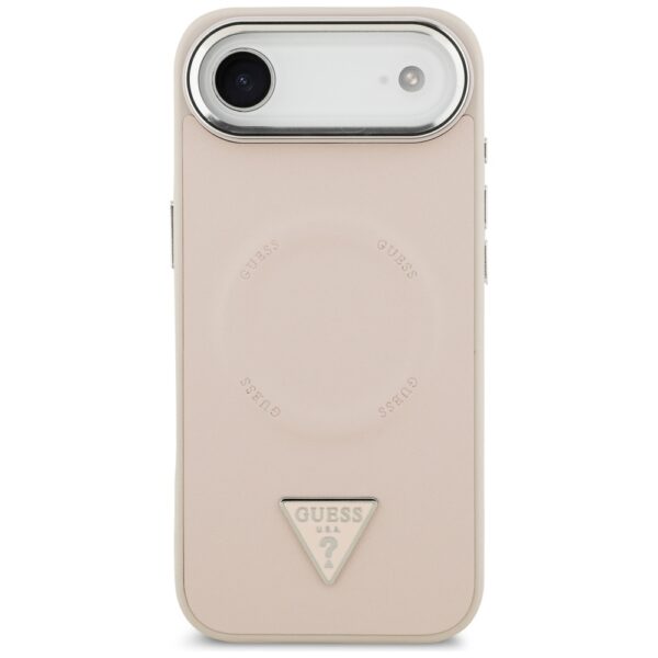 Guess Case Magsafe PU Leather Case With Triangle Logo Silver Metal Camera Frame For iPhone 17 Air Pink