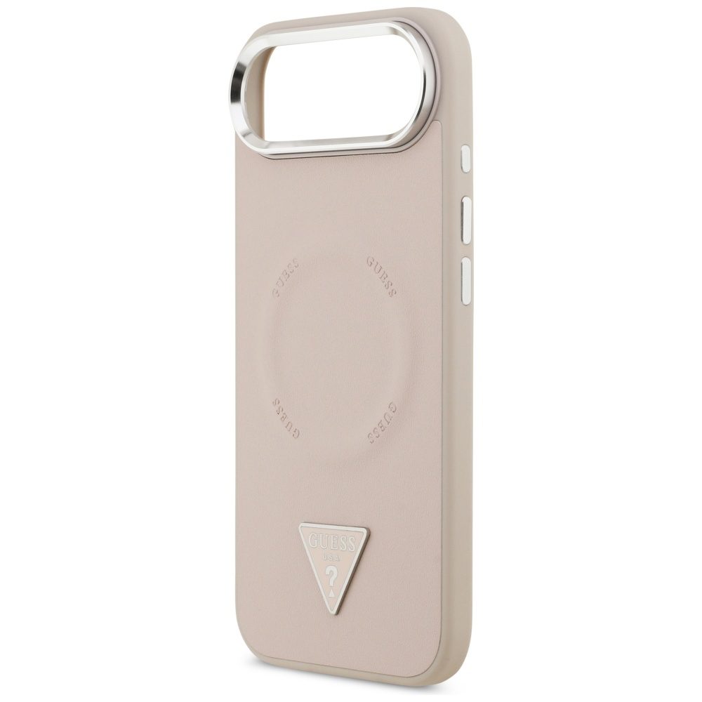 Guess Case Magsafe PU Leather Case With Triangle Logo Silver Metal Camera Frame For iPhone 17 Air Pink