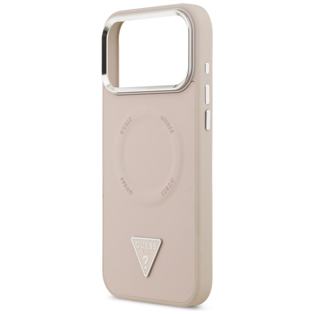 Guess Case Magsafe PU Leather Case With Triangle Logo Silver Metal Camera Frame For iPhone 17 Pro Pink