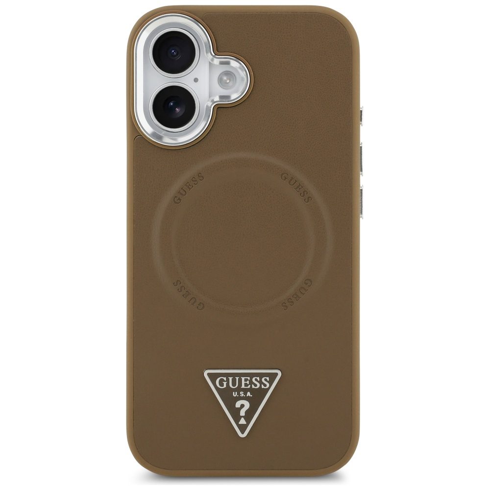 Guess Case Magsafe PU Leather Case With Triangle Logo Silver Metal Camera Frame For iPhone 17 Brown