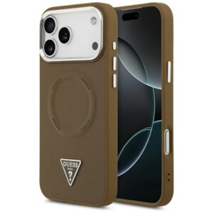 Guess Case Magsafe PU Leather Case With Triangle Logo Silver Metal Camera Frame For iPhone 17 Pro Brown