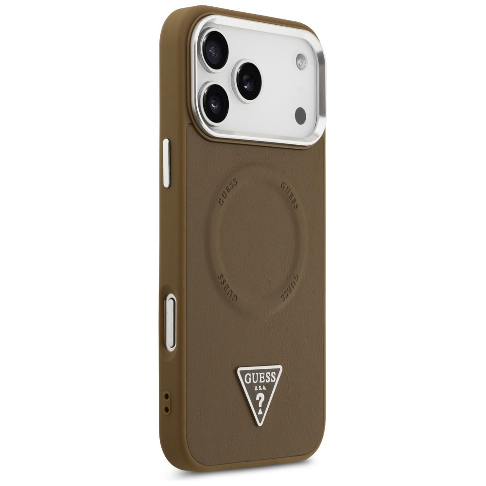 Guess Case Magsafe PU Leather Case With Triangle Logo Silver Metal Camera Frame For iPhone 17 Pro Brown