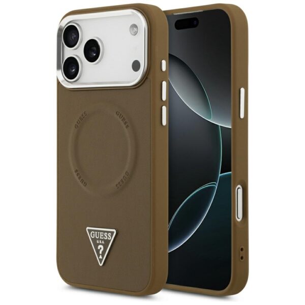 Guess Case Magsafe PU Leather Case With Triangle Logo Silver Metal Camera Frame For iPhone 17 Pro Max Brown