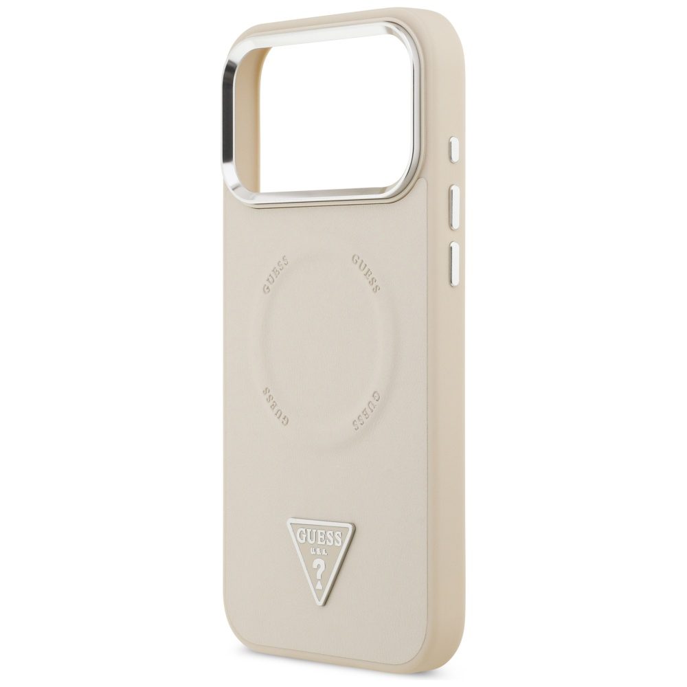 Guess Case Magsafe PU Leather Case With Triangle Logo Silver Metal Camera Frame For iPhone 17 Pro Max Beige