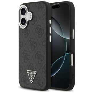 Guess Case Magsafe 4G PU Leather Case With Triangle Logo And Silver Metal Camera Frame For iPhone 17 Black