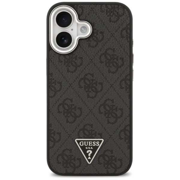 Guess Case Magsafe 4G PU Leather Case With Triangle Logo And Silver Metal Camera Frame For iPhone 17 Black