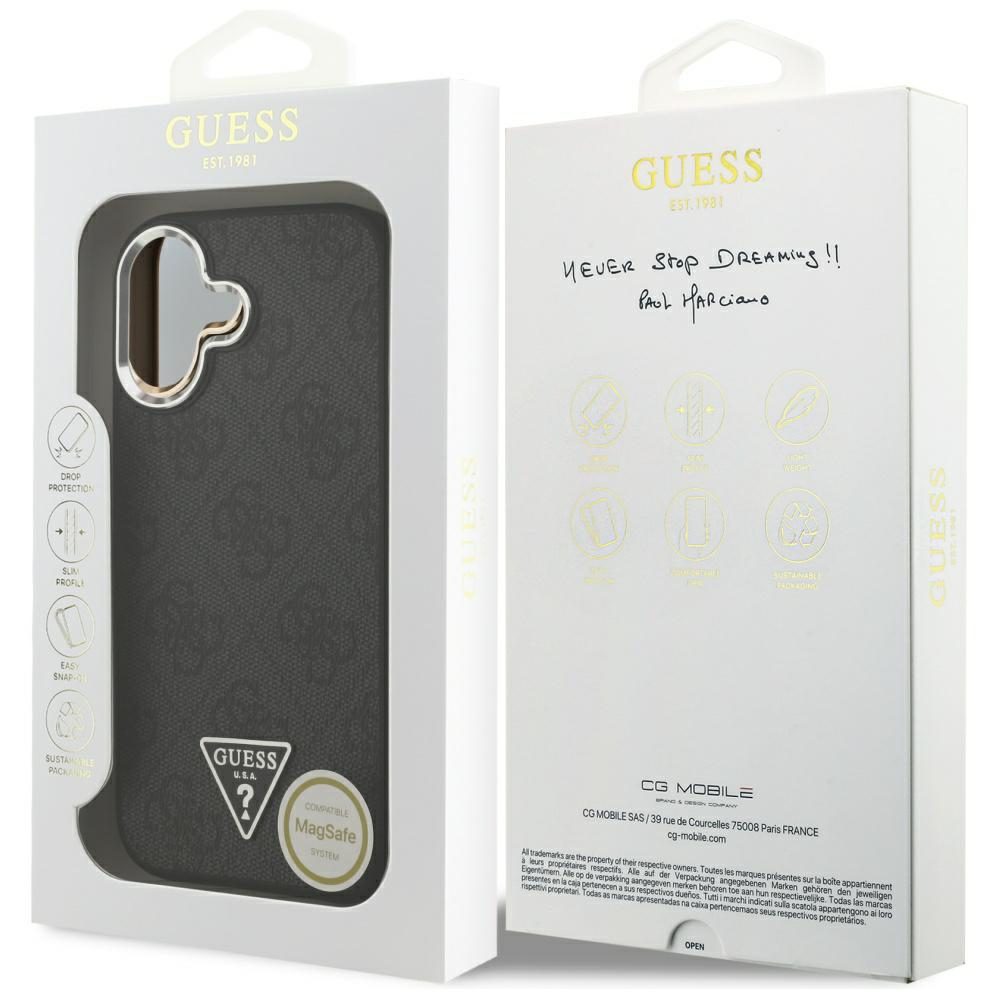 Guess Case Magsafe 4G PU Leather Case With Triangle Logo And Silver Metal Camera Frame For iPhone 17 Black