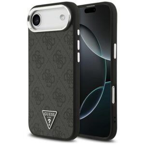 Guess Case Magsafe 4G PU Leather Case With Triangle Logo And Silver Metal Camera Frame For iPhone 17 Air Black