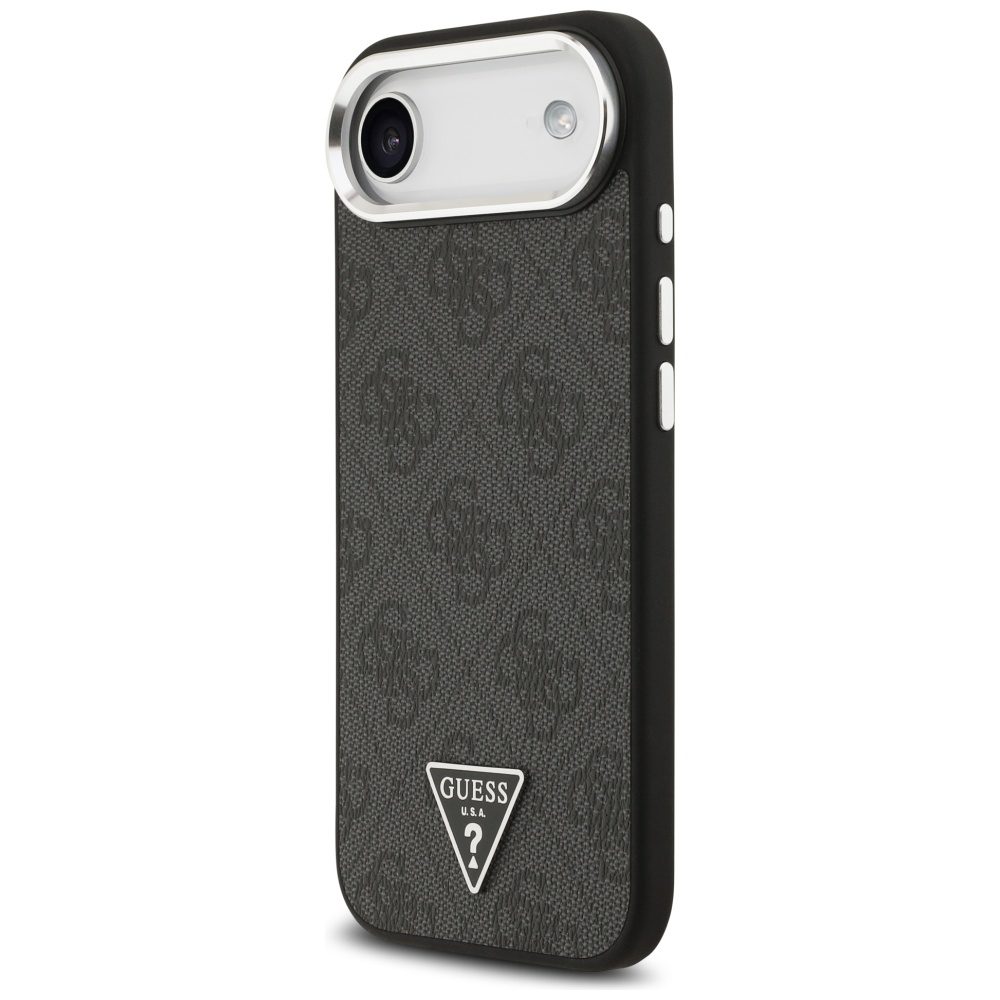 Guess Case Magsafe 4G PU Leather Case With Triangle Logo And Silver Metal Camera Frame For iPhone 17 Air Black