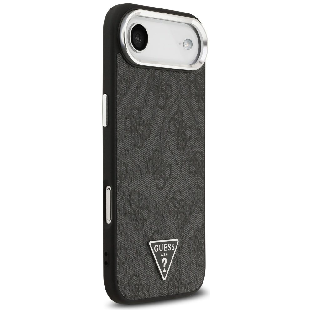Guess Case Magsafe 4G PU Leather Case With Triangle Logo And Silver Metal Camera Frame For iPhone 17 Air Black