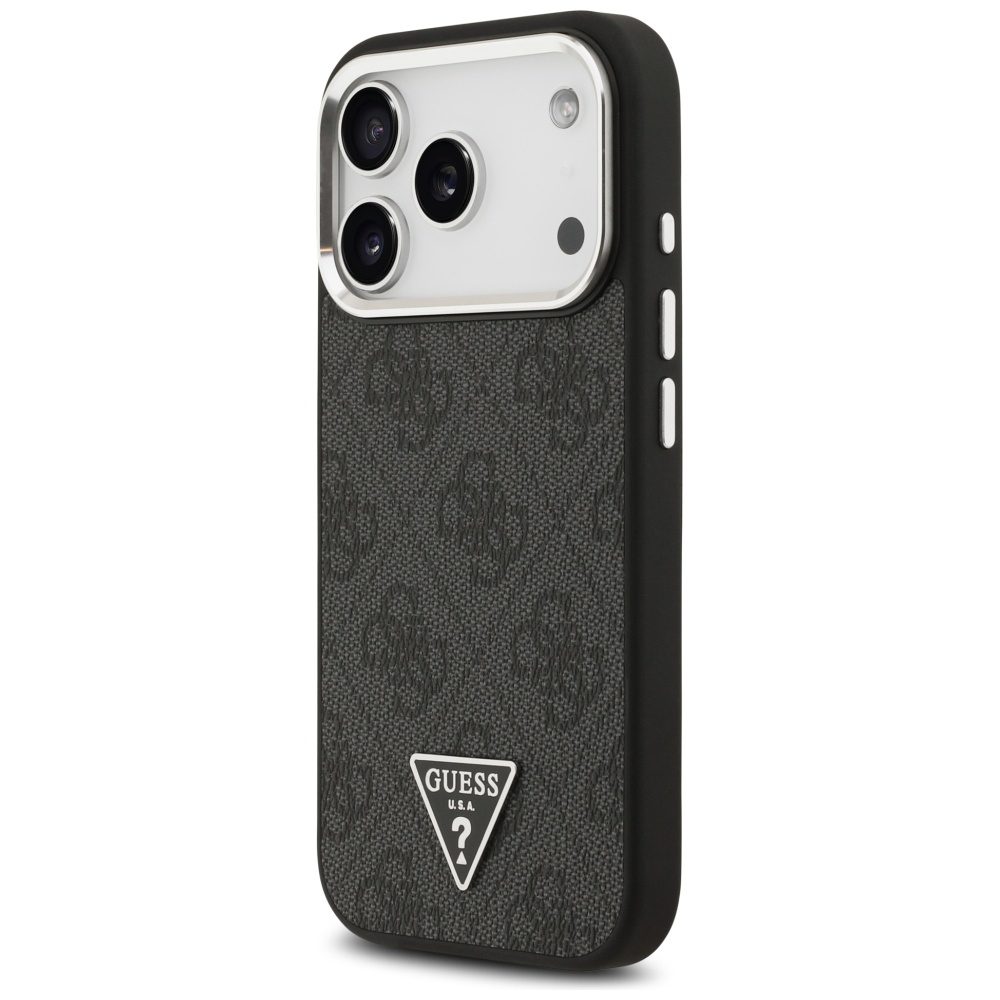 Guess Case Magsafe 4G PU Leather Case With Triangle Logo And Silver Metal Camera Frame For iPhone 17 Pro Black