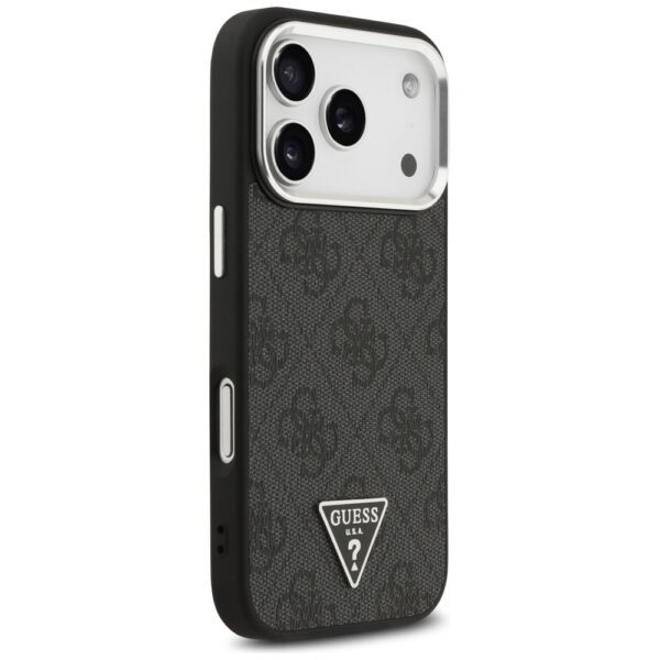 Guess Case Magsafe 4G PU Leather Case With Triangle Logo And Silver Metal Camera Frame For iPhone 17 Pro Black
