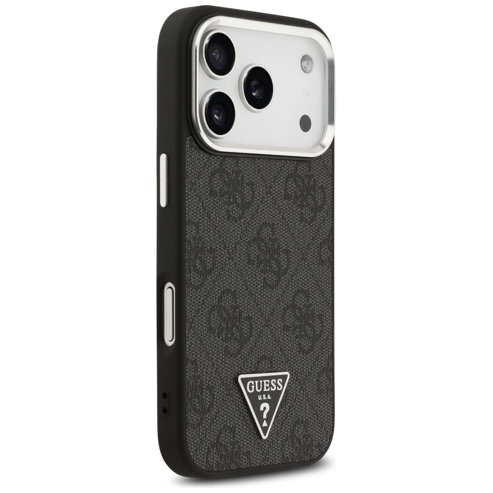 Guess Case Magsafe 4G PU Leather Case With Triangle Logo And Silver Metal Camera Frame For iPhone 17 Pro Black